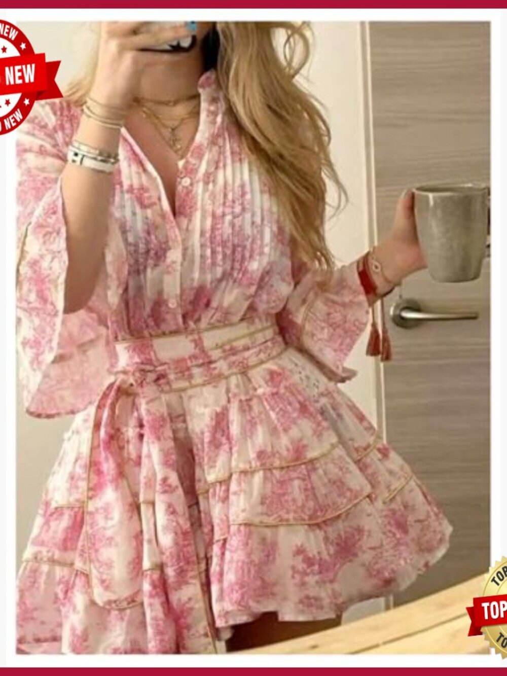 Floral Ruffle Mini Dress 3/4 Sleeve V Neck Boho Casual Vacation Wear - Picture 3 of 5